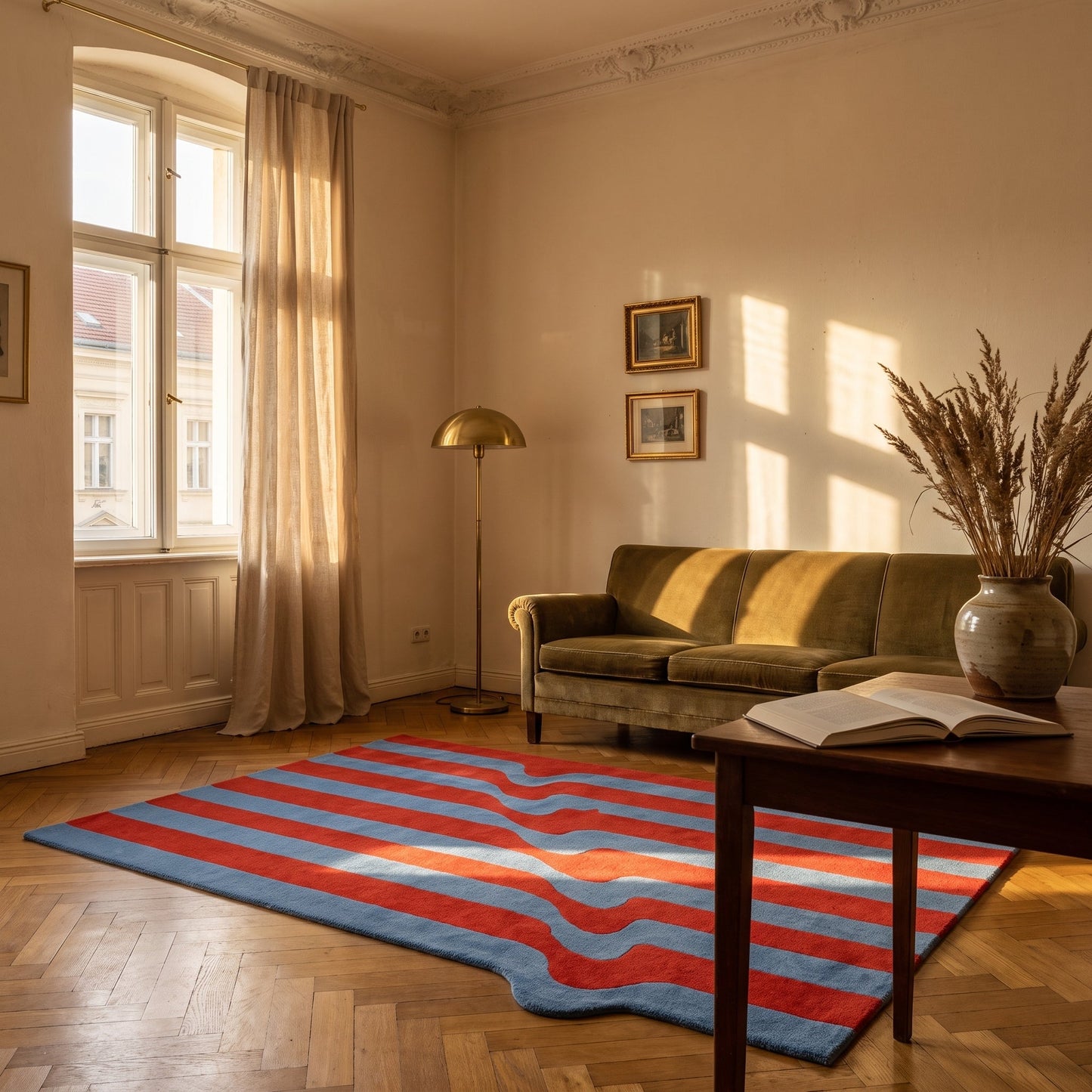 Teppich Nordvintage – rot-blaues Streifenmuster mit Wellenkante im Wohnraum