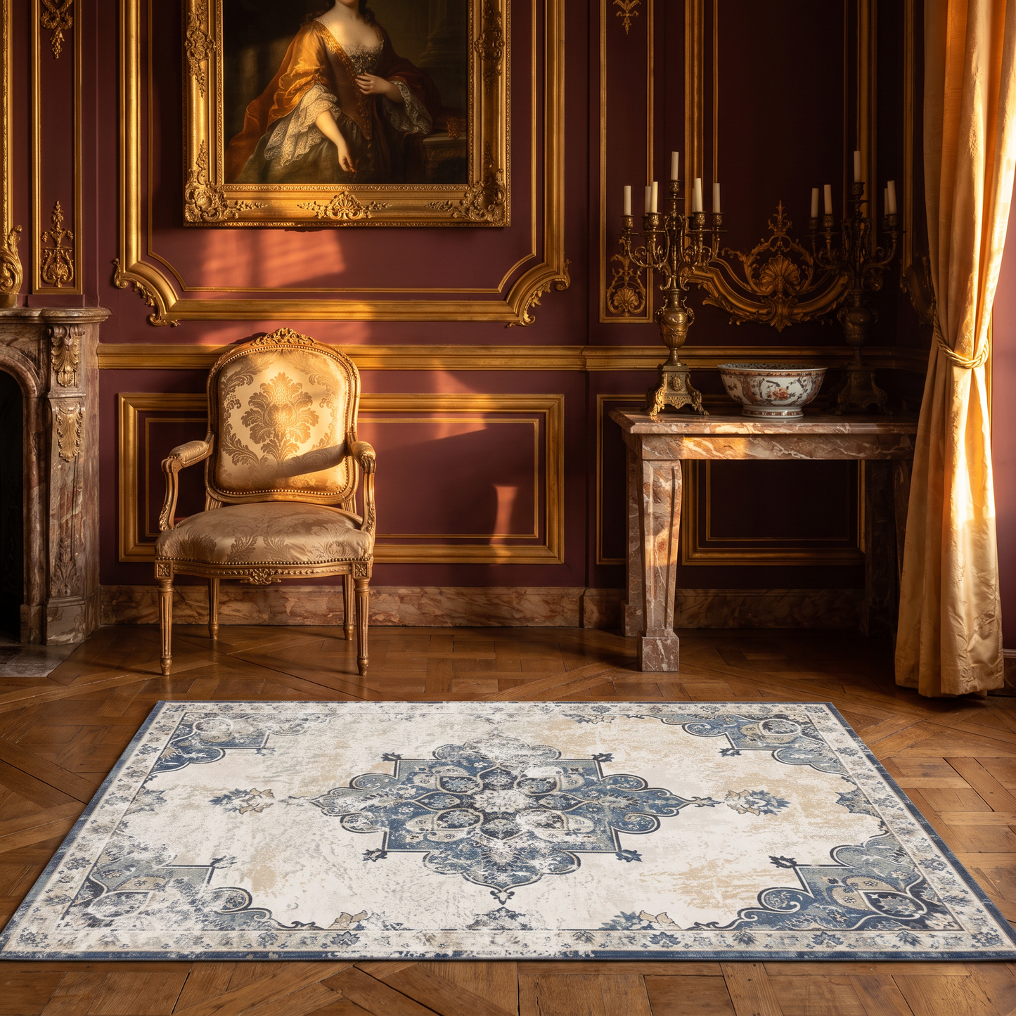 Teppich Prunkraster – cremefarbener Ornamentteppich mit blaugrauem Medaillon im Wohnraum