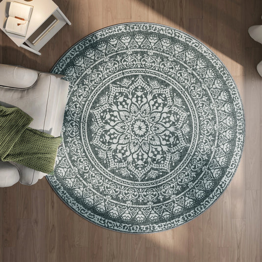 Runder Teppich Mandala Dunkelgrau — Dunkelgrau mit Weiß, Ø 160 cm