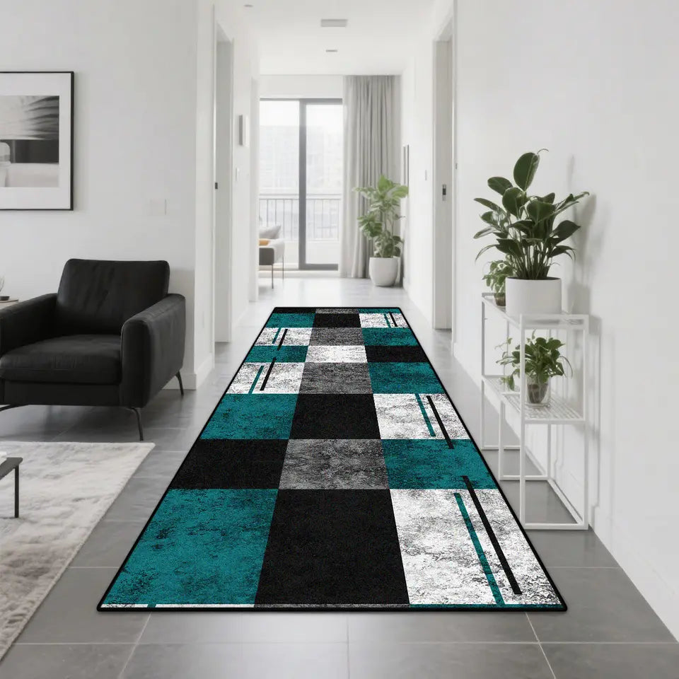 Teppichläufer Geometrisch Karomuster Türkis, 60 × 200 cm