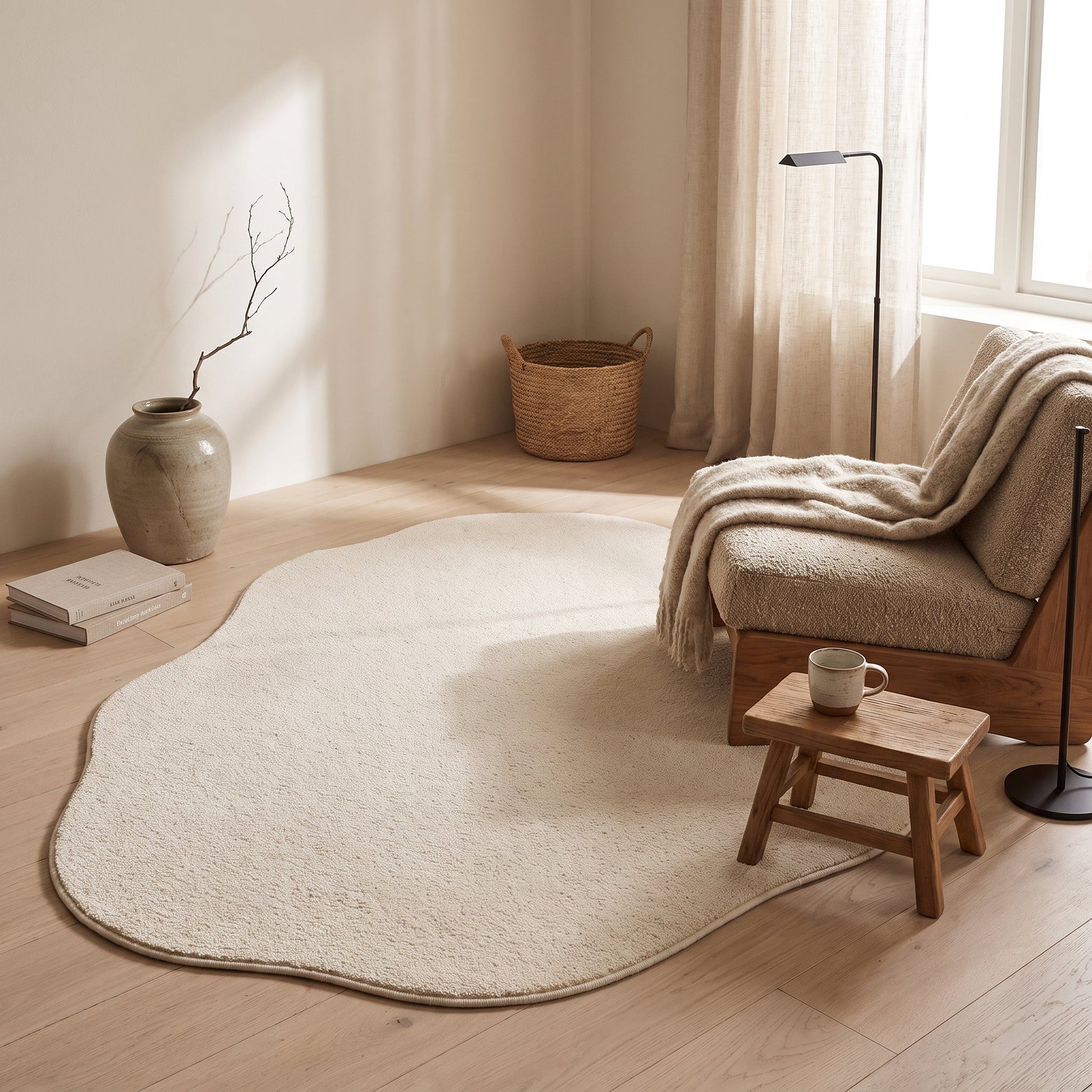Teppich Cremeform – cremefarbener Hochflorteppich in organischer Form im Wohnraum