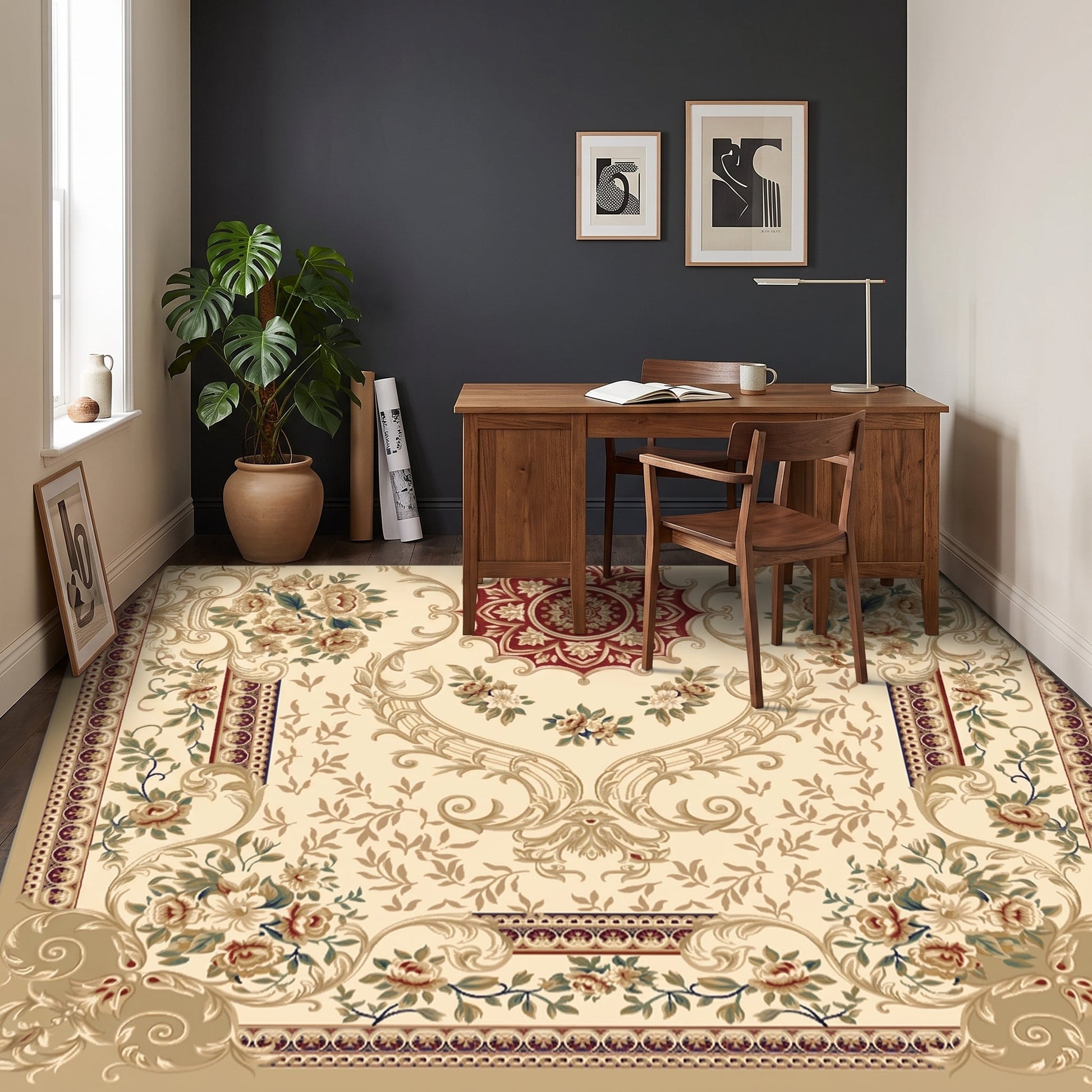 Teppich Feinfeld – cremefarbener Teppich mit floralem Ornamentmuster im Wohnraum