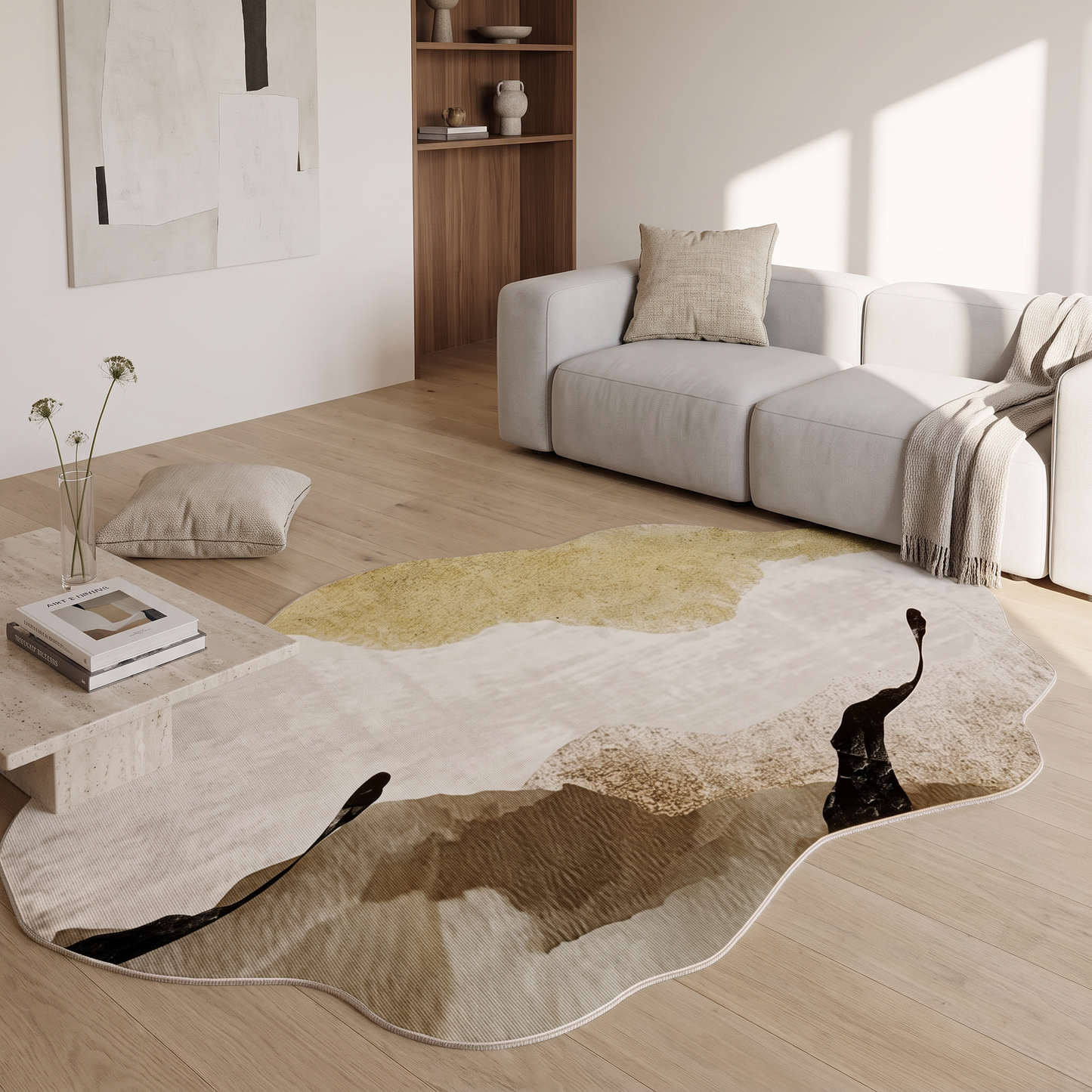Teppich Formfluss – organisch geformter Teppich in Creme, Ocker und Braun im Wohnraum