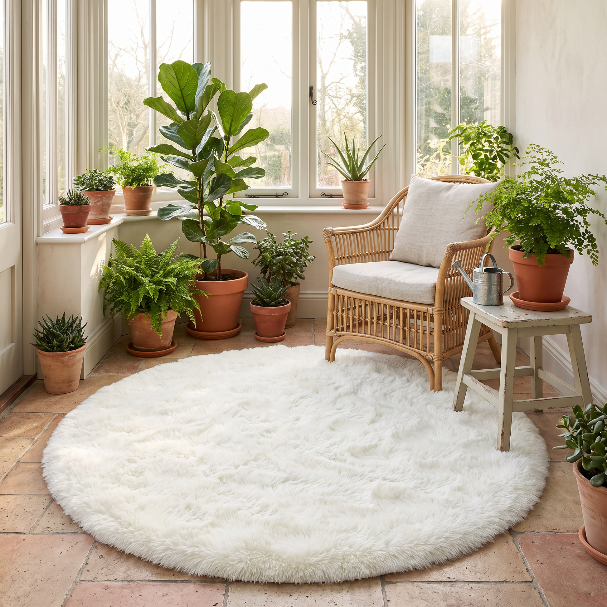 Teppich Kreisflor – runder weißer Hochflorteppich im Wohnraum