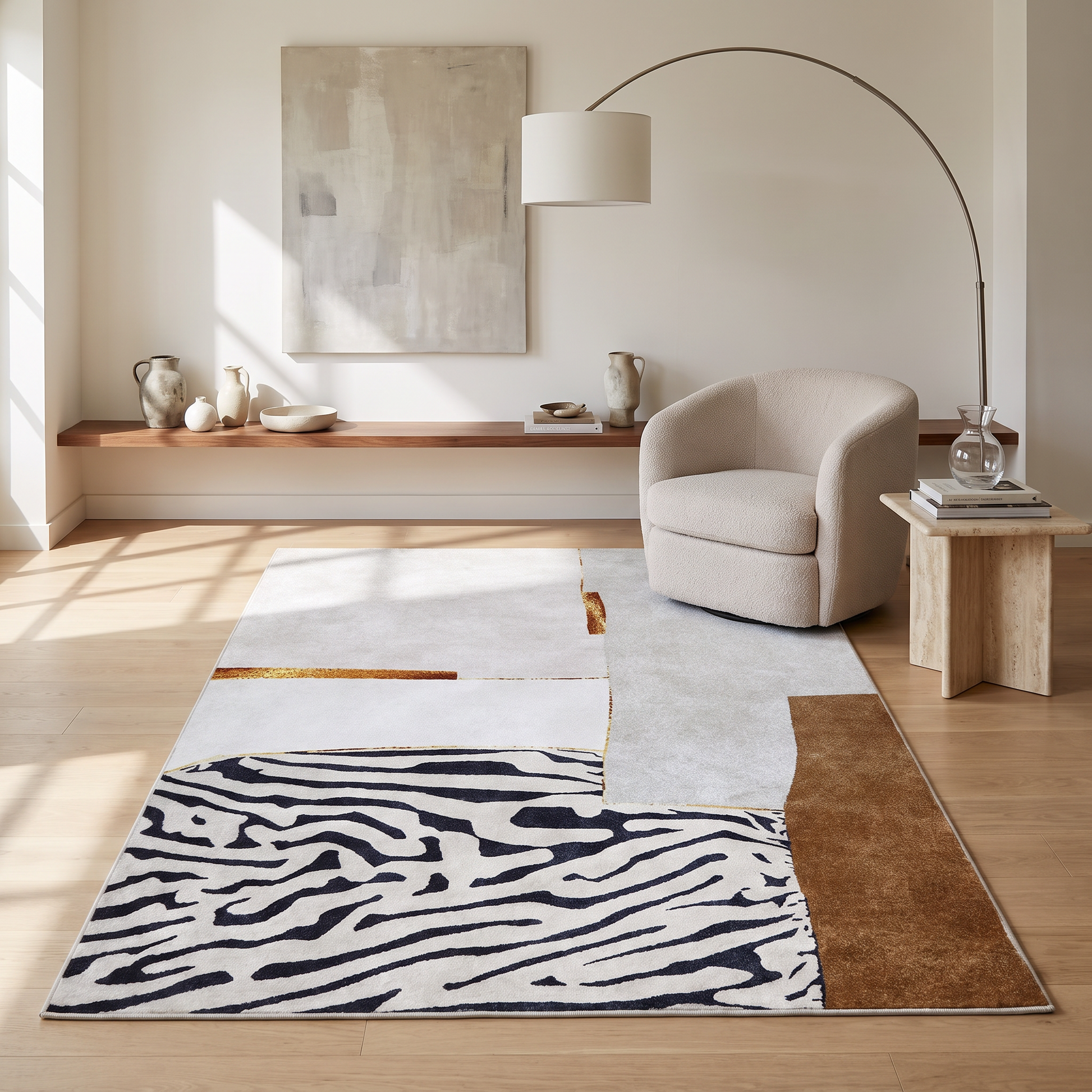 Teppich Lichtraster – Blockmuster in Creme, Schwarz und Karamell im Wohnraum
