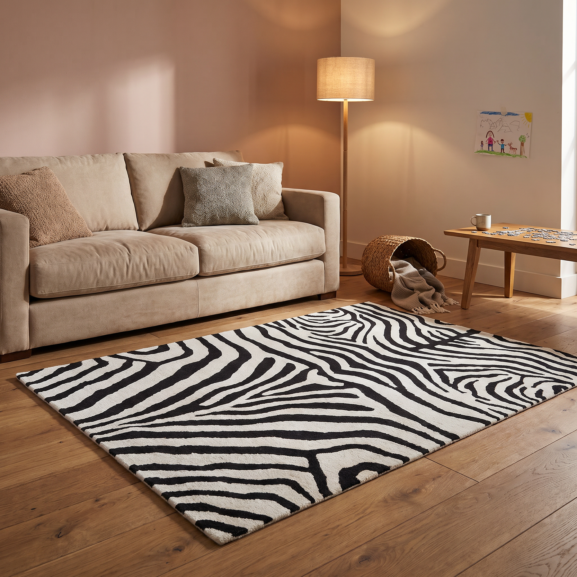 Teppich Nordplüsch – schwarz-weißer Teppich mit Zebrastreifen im Wohnraum