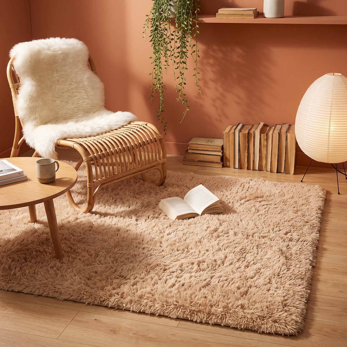 Teppich Novaflor – camelfarbener Hochflor in Rechteckform im Wohnraum