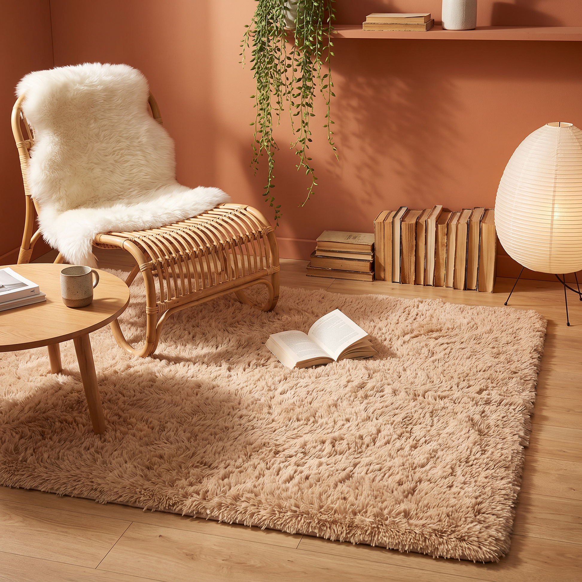 Teppich Novaflor – camelfarbener Hochflor in Rechteckform im Wohnraum