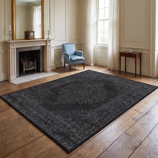 Teppich Ornamentlinie – anthrazitfarbenes Vintage-Ornamentmuster im Wohnraum