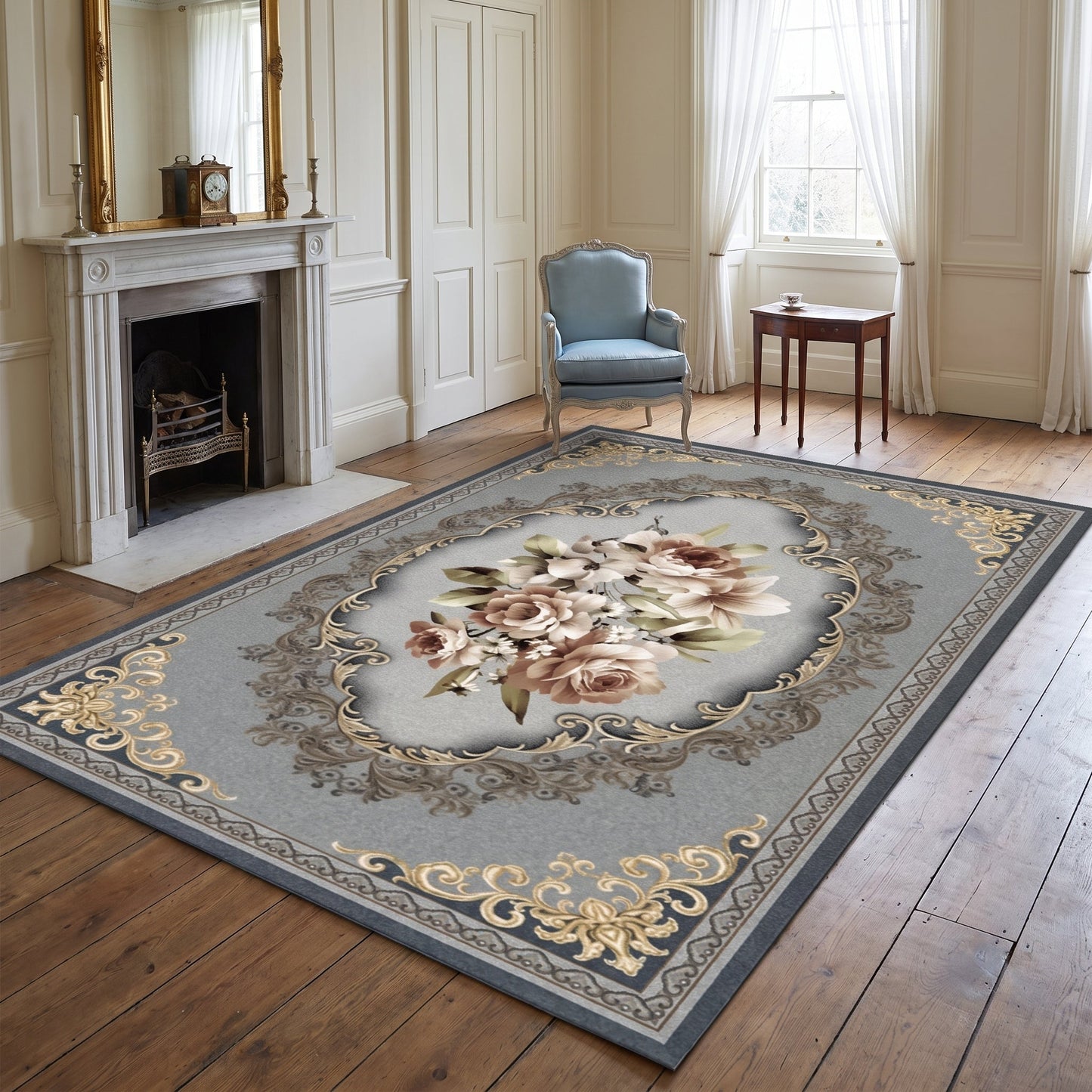 Teppich Palaisrand – graues Blumenmedaillon mit goldener Ornamentbordüre im Wohnraum