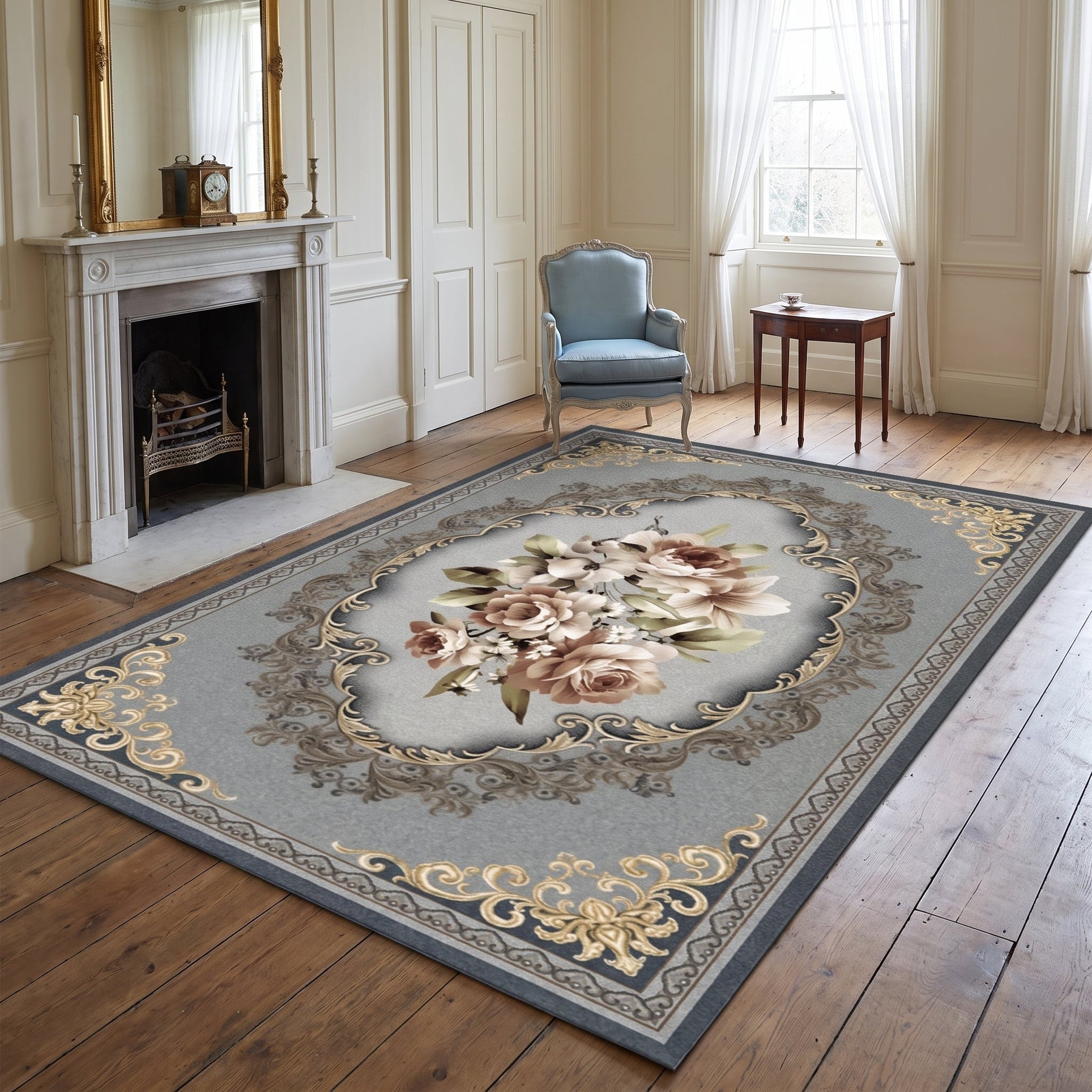 Teppich Palaisrand – graues Blumenmedaillon mit goldener Ornamentbordüre im Wohnraum