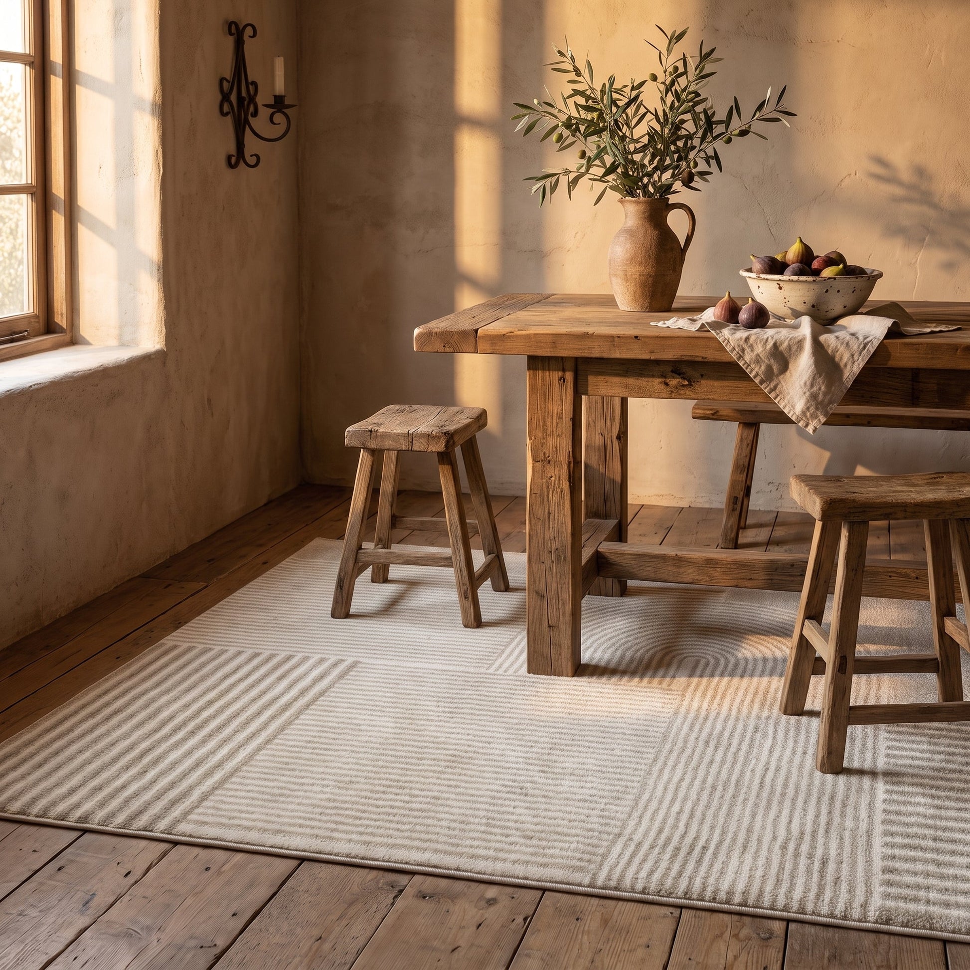 Teppich Wabifeld – cremefarbener Teppich mit feiner Rillenstruktur im Wohnraum