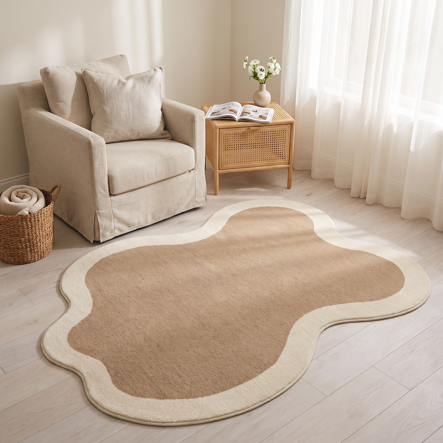 Teppich Weichform – organisch geschwungene Form in Taupe mit cremefarbenem Rand im Wohnraum