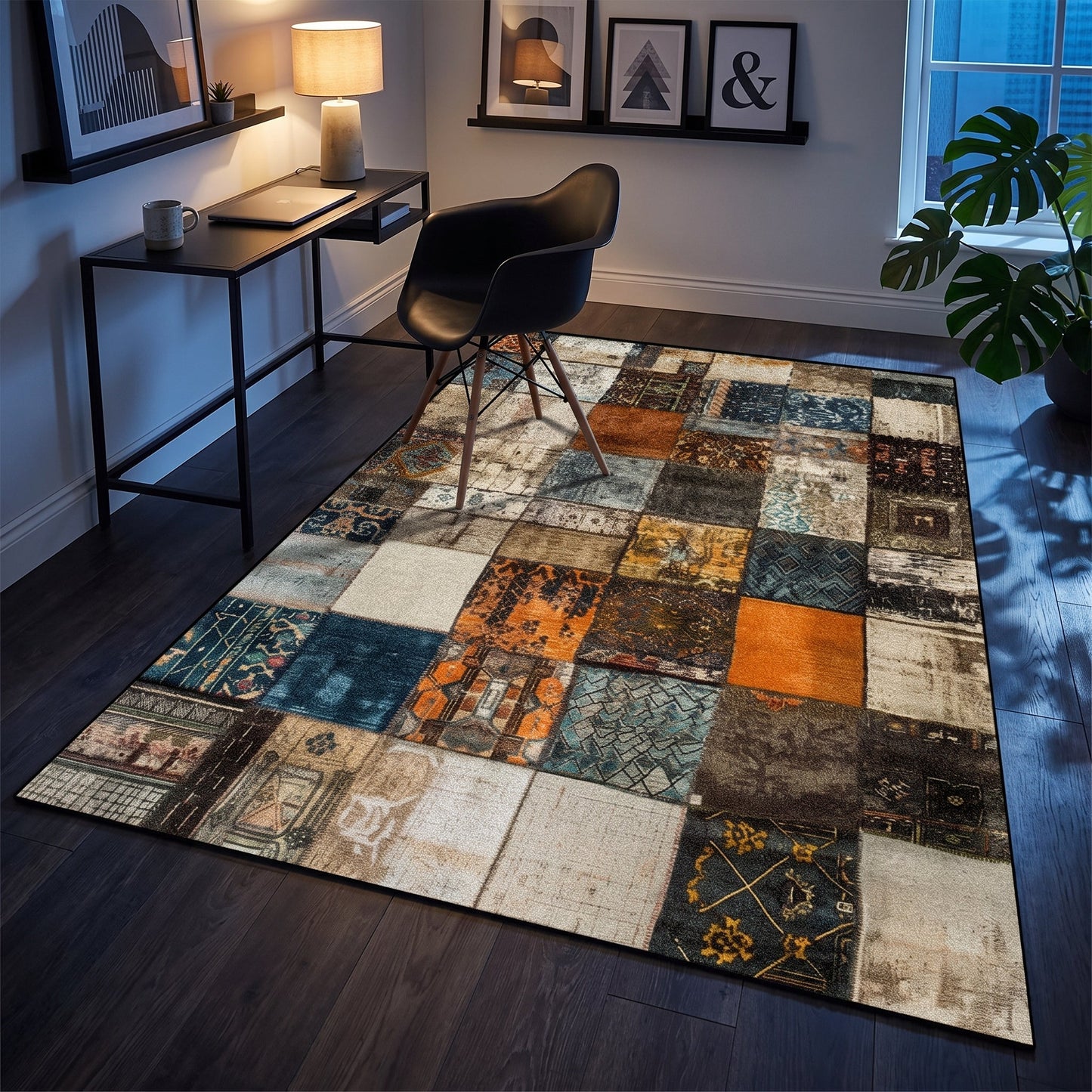 Teppich Winkelfeld – Patchwork-Karos in Beige, Petrol und Orange im Wohnraum