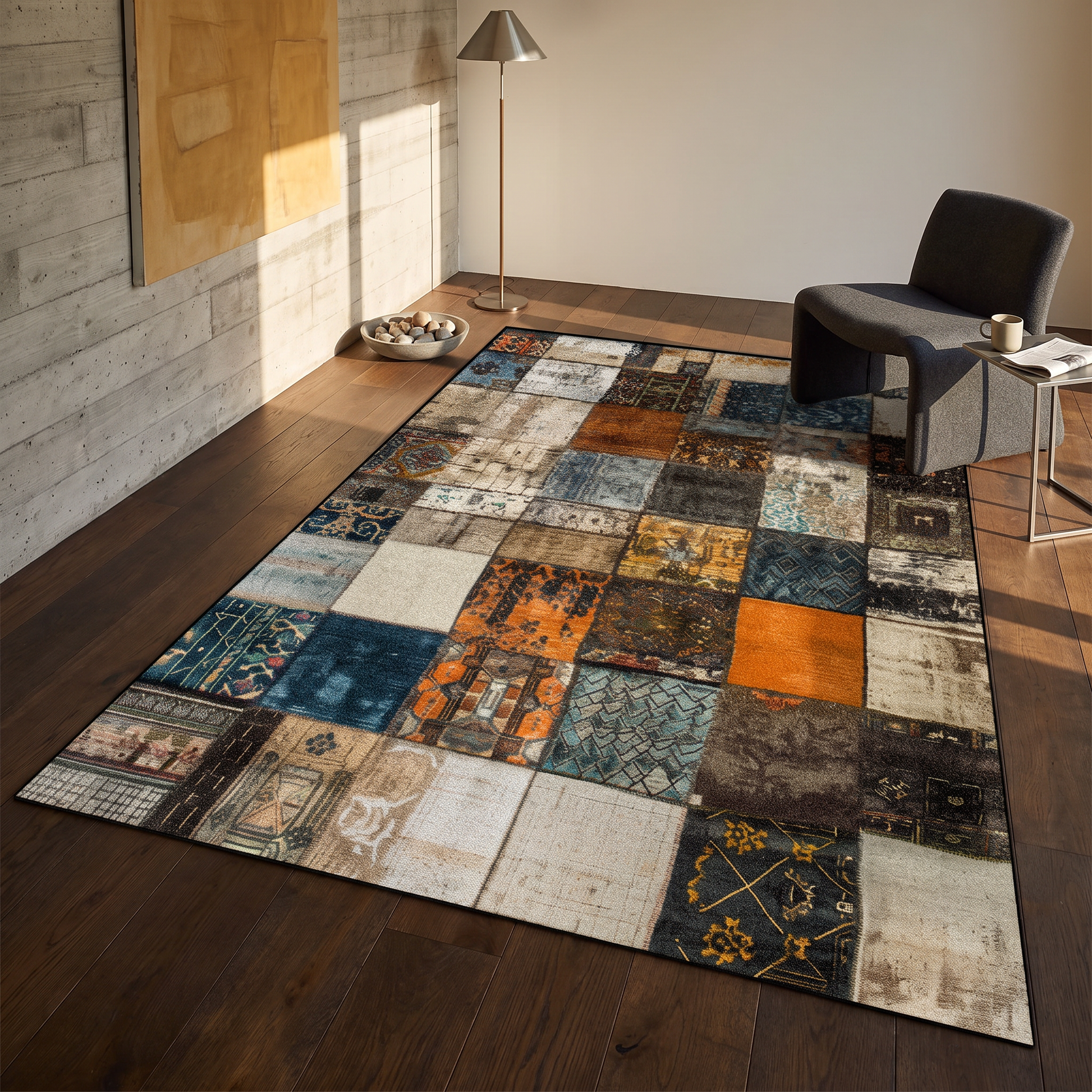 Teppich Winkelfeld – Patchwork aus Vintage-Quadraten in Orange, Blau und Beige im Wohnraum