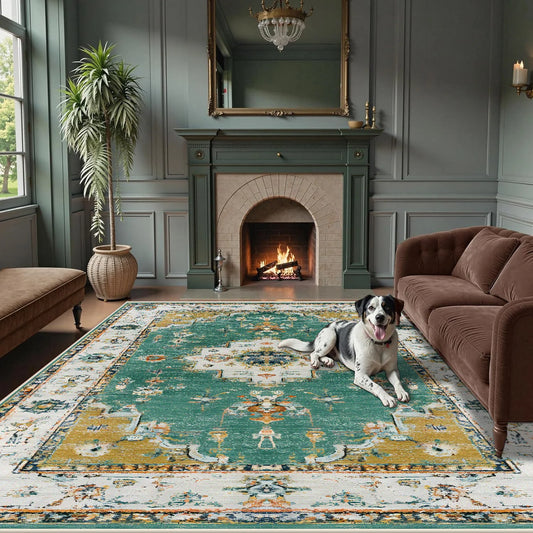 Teppich Ornament Boho Muster — Türkis mit Creme und Gold, 80 × 120 cm