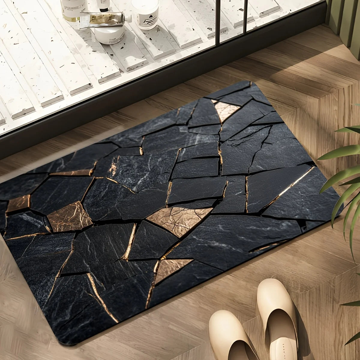 Outdoor-Teppich Marmorgold rechteckig – im Raum ausgelegt