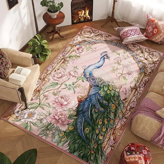 Teppich Boho Pfauenmuster — Rosé mit Blau und Grün