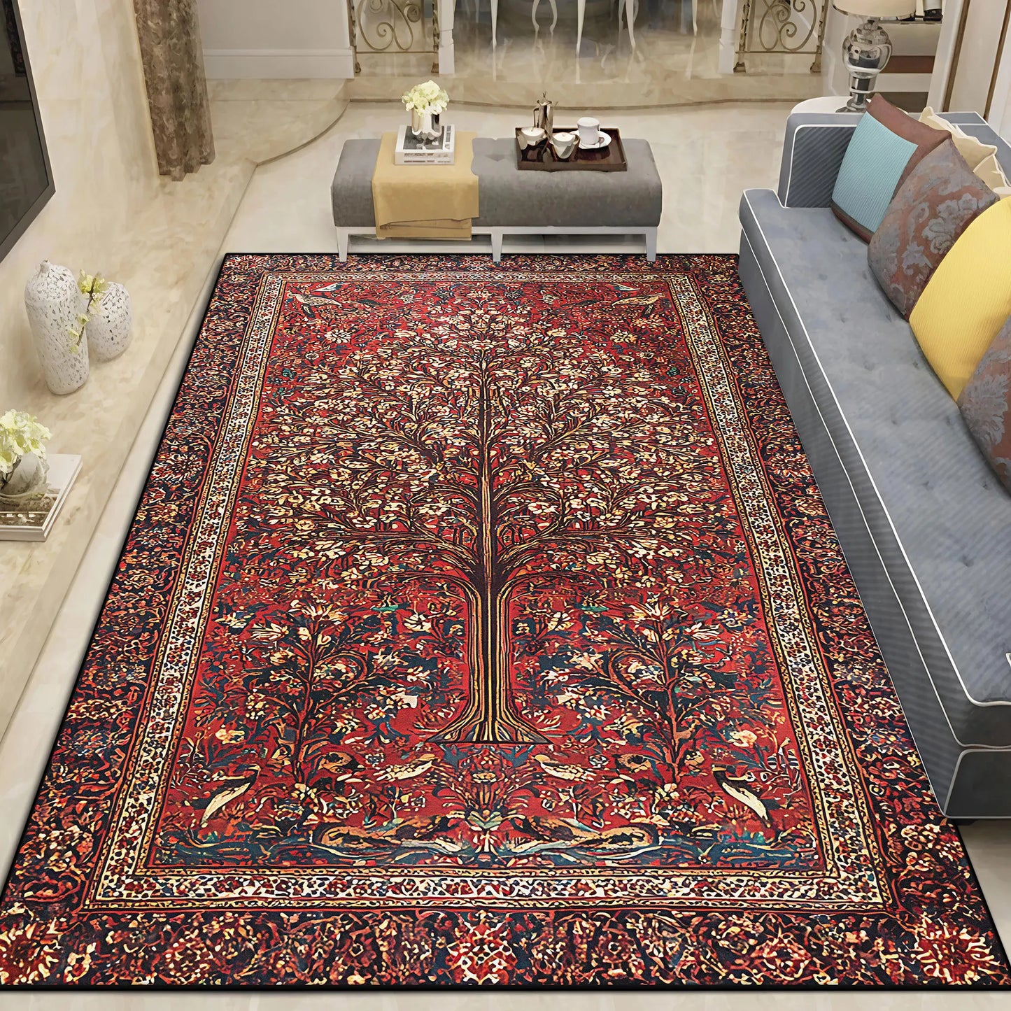 Teppich Persermuster Rot — Rot mit Dunkelblau, 80 × 120 cm