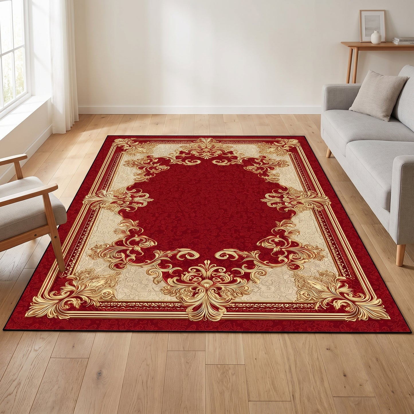 Teppich Barockmuster Rot-Gold im Wohnraum, 80 × 120 cm