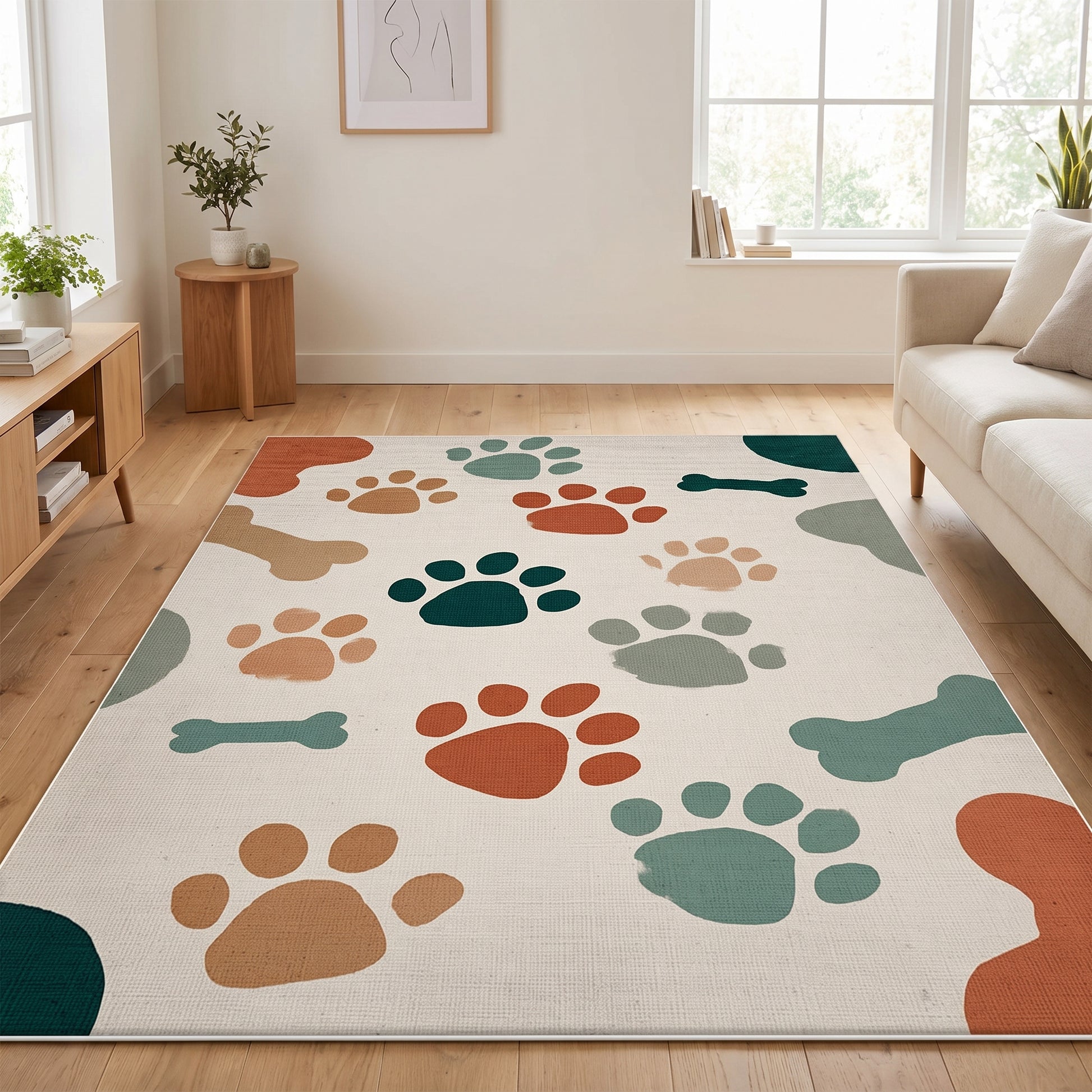 Teppich Pfotenmuster Beige im Wohnraum, 80 × 120 cm