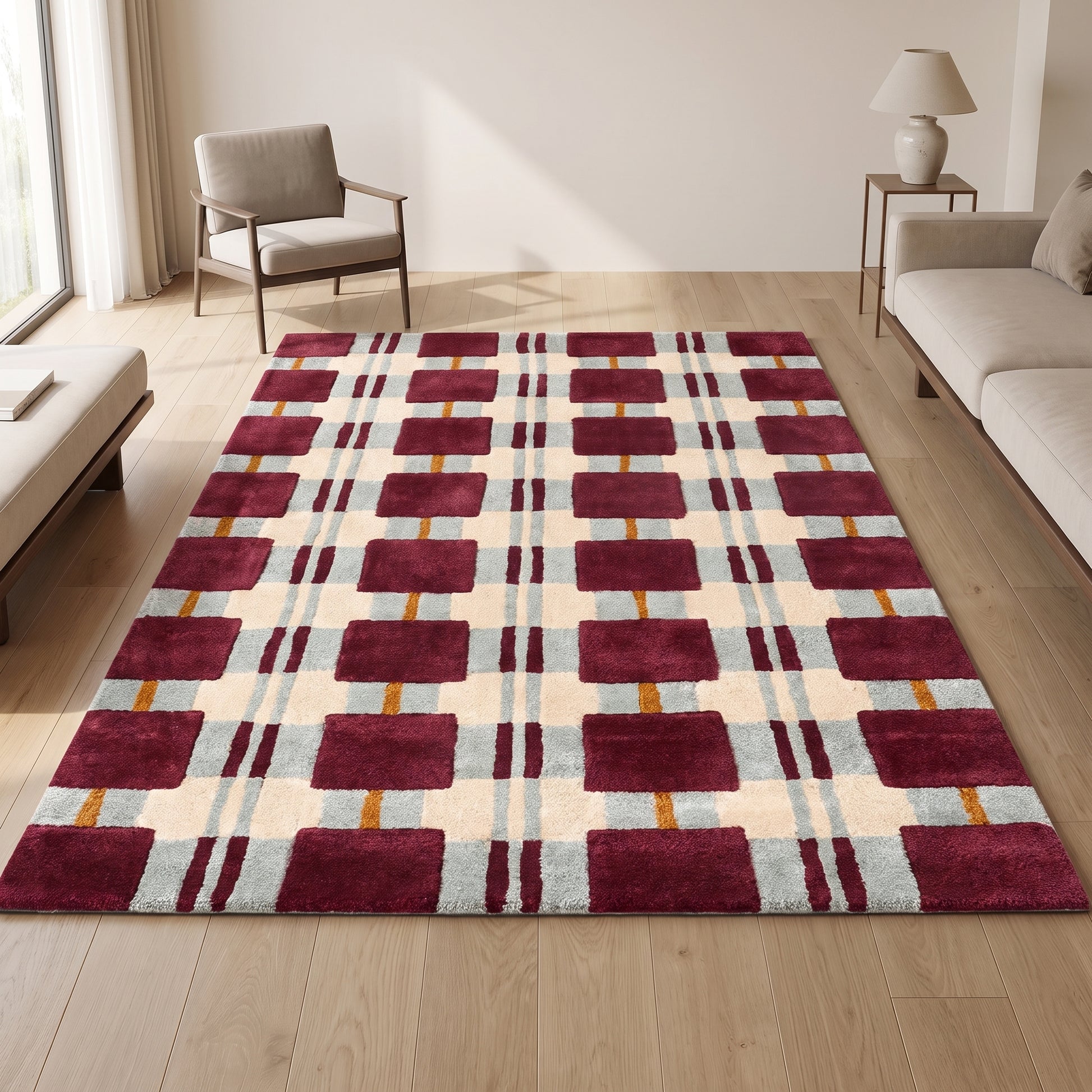 Teppich Karomuster Rot-Creme im Wohnraum, 80 × 120 cm