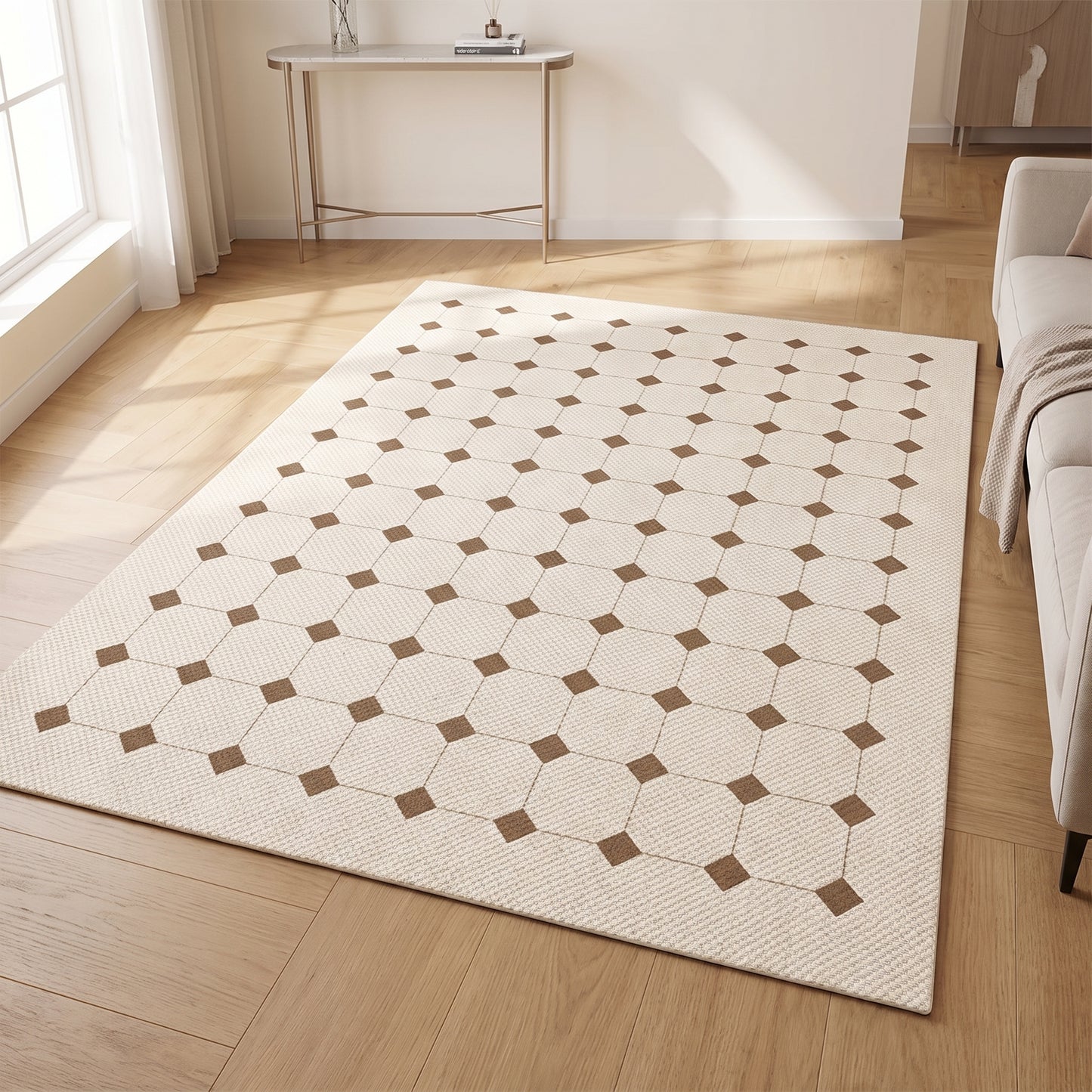 Teppich Rautenpunkte Creme-Beige im Wohnraum, 80 × 120 cm