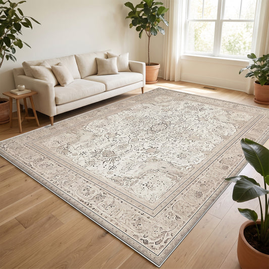 Teppich Ornamentdesign Retro Creme im Wohnraum, 80 × 120 cm