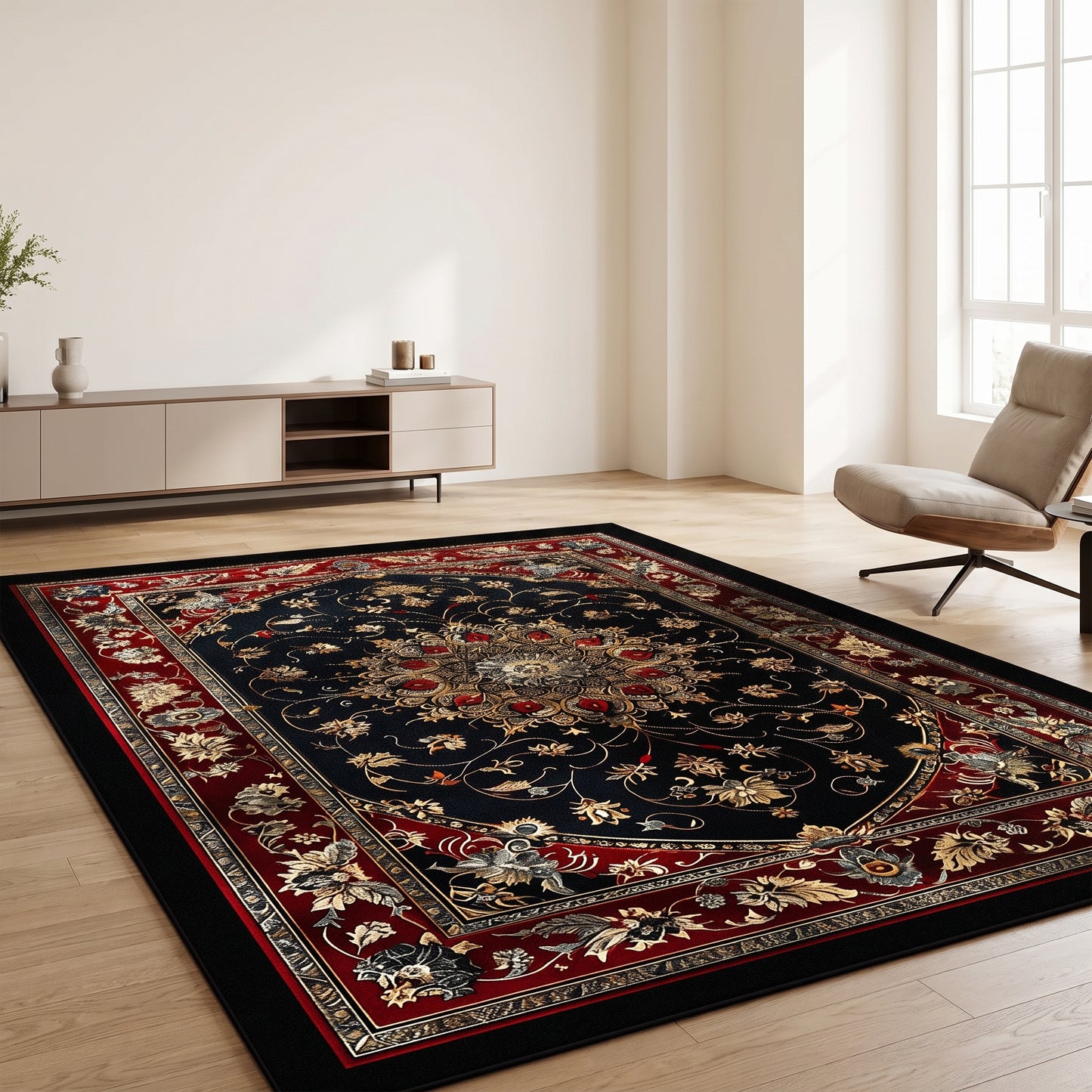 Teppich Persermuster Schwarz-Rot im Wohnraum, 80 × 120 cm