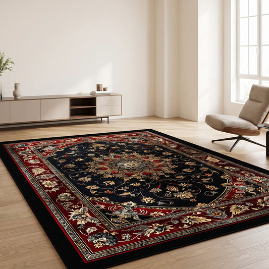 Teppich Ornamentmuster Schwarz-Rot im Wohnraum, 80 × 120 cm