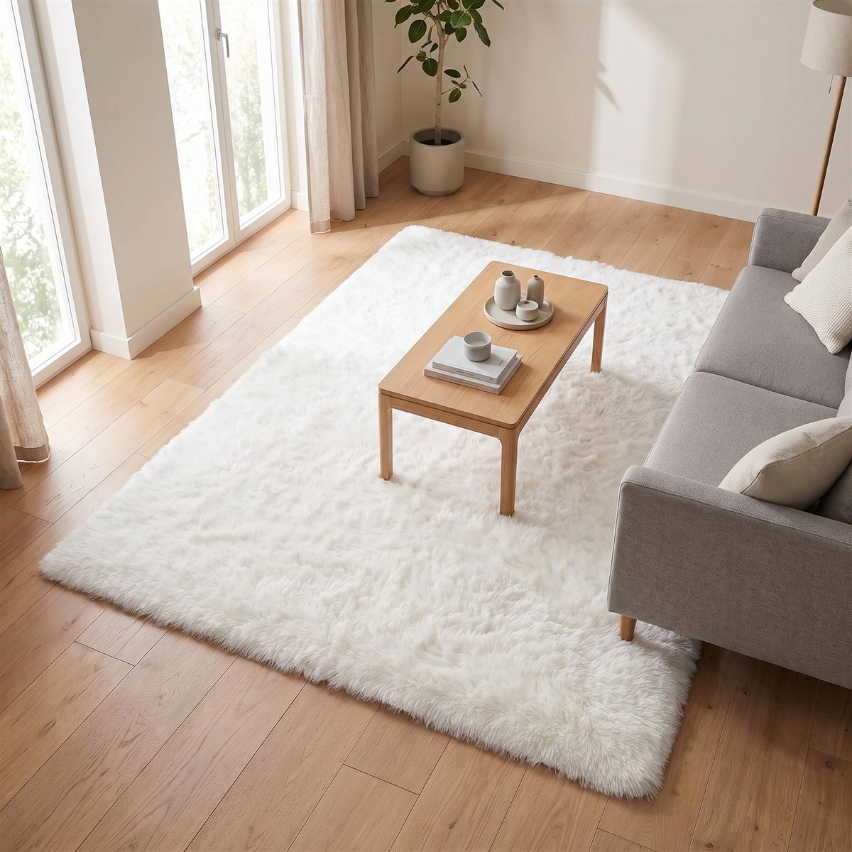 Wohnzimmer: 160 × 220–230 cm – Sofa und Sitzgruppe bilden eine Zone.